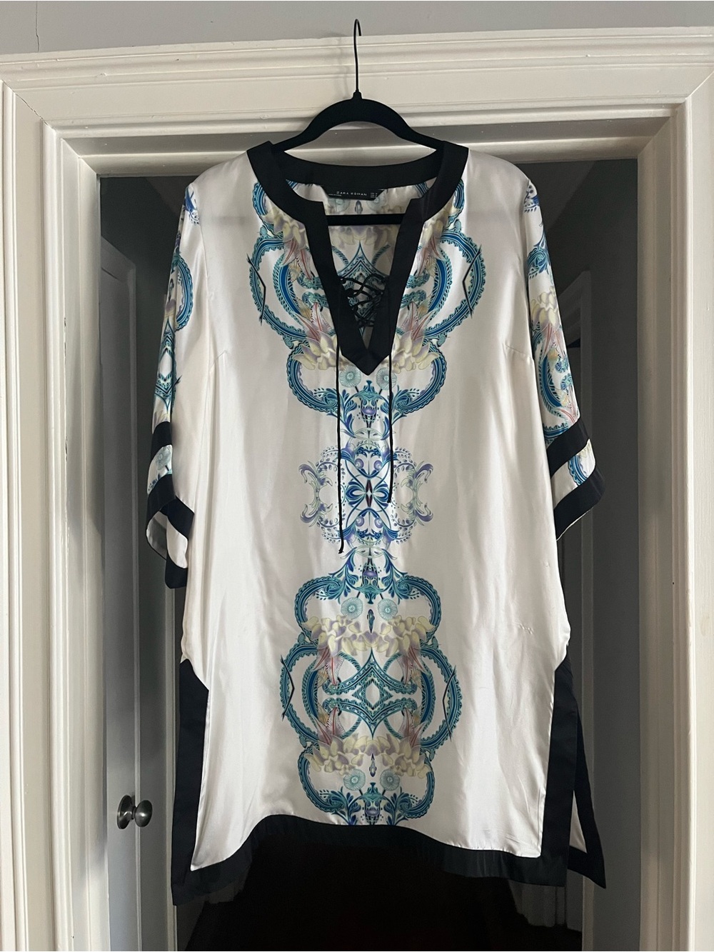 Zara Silk White Tunic Top or Cover Up with Teal Blue Floral Print